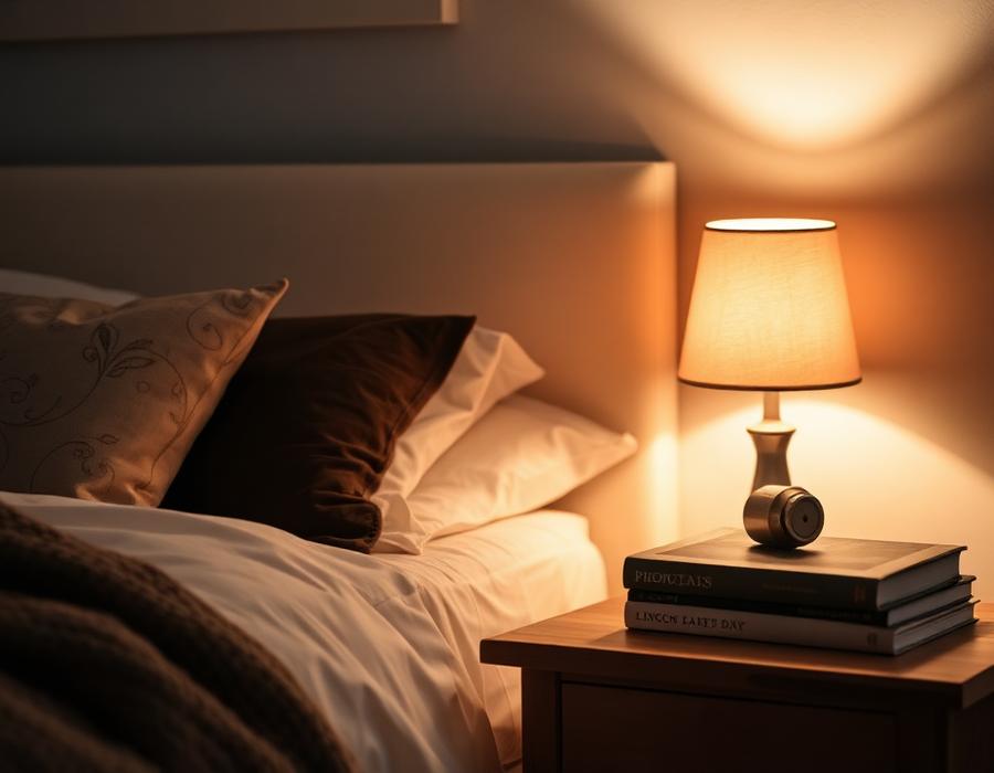 Warm bedside lamp glowing beside a bed with books