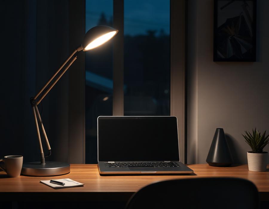 LED desk lamp lighting a tidy home office desk in the evening
